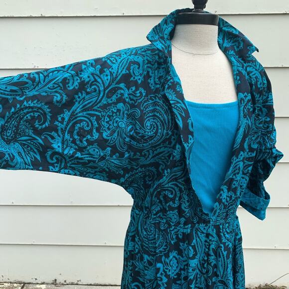 Vintage 90s Paisley Jersey tank shirt overlay dress teal black LARGE? - Picture 3 of 7
